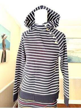 Ralph Lauren Navy & White Striped Hooded Pullover with Gold Buttons